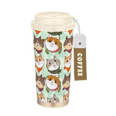 Imagem de SEHANY Caneca de viagem de gato gatinho fofo de 482 g xícaras de café reutilizáveis revestidas de cerâmica com tampa à prova de vazamento, parede dupla, isolamento a vácuo, copo de café de aço