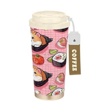Imagem de Blueangle Caneca de café com isolamento térmico Sushi Kawaii - Copo de aço inoxidável à prova de derramamento e vazamento para acampamento e ar livre, garrafa de água reutilizável de 500 ml com tampa