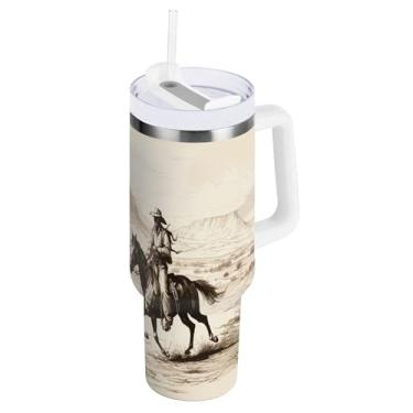 Imagem de xigua Copo vintage Western Cowboy de 850 g com tampa e canudo, aço inoxidável de vácuo duplo isolado garrafa de água esportiva suporte para copo de café de viagem à prova de vazamento para bebida