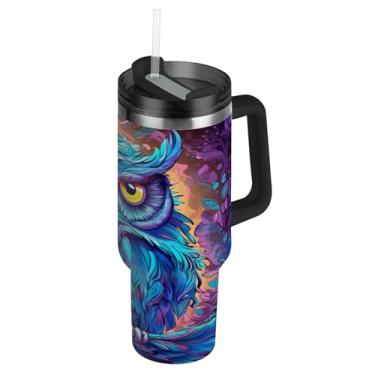 Imagem de ATTX Copo de coruja neon de 1,134 g com alça, copo de aço inoxidável a vácuo de parede dupla com palha, caneca de café de viagem isolada #584