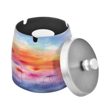 Imagem de Blueangle Cinzeiro de pintura de flores coloridas com tampa para cigarros, à prova de vento/chuva, aço inoxidável, sem fumaça, inodoro, cinzeiro para uso interno ou externo (268)