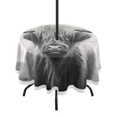 Imagem de ATTX Toalha de mesa redonda Highland Cow ao ar livre – 152 cm, impermeável, à prova de derramamento, uso interno/externo, com orifício para guarda-chuva com zíper para acampamento, piquenique, praia