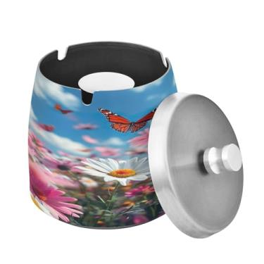 Imagem de Blueangle Cinzeiro de margaridas e borboletas com tampa para cigarros, à prova de vento/chuva, aço inoxidável, sem fumaça, inodoro, cinzeiro para uso interno ou externo (464)
