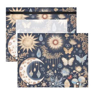 Imagem de Blueangle Bolsa para lápis Boho Sol e Lua para fichário de 3 anéis, 2 pacotes com bolsa de lápis com janela transparente para documentos com zíper para escritório (166)