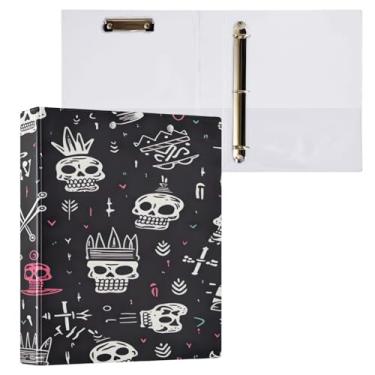 Imagem de Blueangle Fichário de 3 anéis com estampa de caveira colorida com prancheta e 2 bolsos - Organizador de documentos decorativos de 3 cm para escritório, suprimentos para reuniões (116)