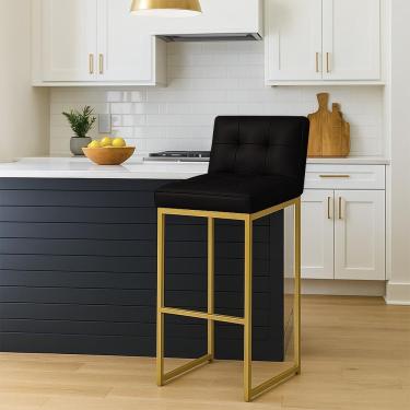 Imagem de Banqueta Cozinha Alta Com Encosto Industrial Dourado Lirina Pu C05 - D'rossi Cor Preto
