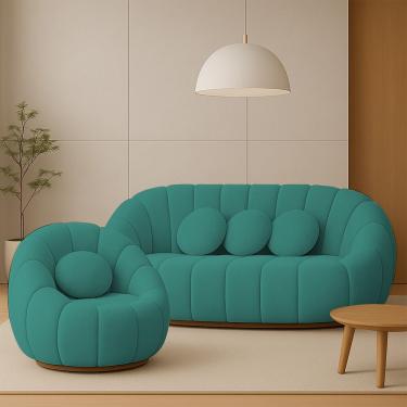 Imagem de Sofá 2 Lugares Com Poltrona Giratória Orgânica Cloud Bouclê Azul Turquesa E03 - D'rossi