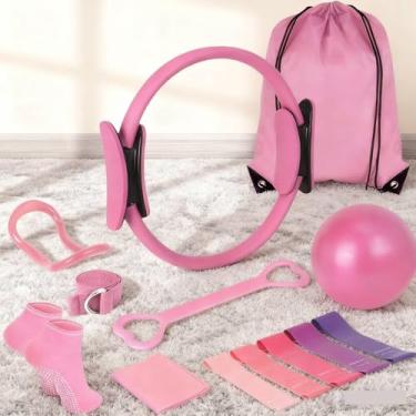 Imagem de ASIEIT Kit feminino de pilates, equipamento de pilates com 5 faixas de resistência, círculo mágico de 35 cm, conjunto de bola e anel de pilates, kit essencial de pilates para tonificação doméstica