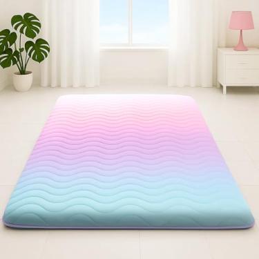 Imagem de SCHNAUZER HOME Colchão de futon de chão japonês, colchão de chão portátil colorido arco-íris de 8,89 cm, tapete de tatame de espuma de alta densidade, almofada de dormir para acampamento, quarto de