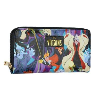 Imagem de Bioworld Carteira Disney Villains com design de colagem de personagens com zíper ao redor do bolso