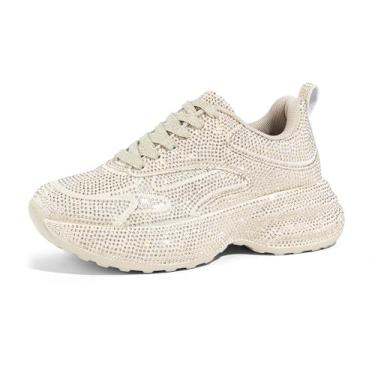 Imagem de LUCKY STEP Tênis feminino grosso com strass, moderno, plataforma, brilhante, pai, casual, tênis leve, caminhada, esporte, Bege, 40