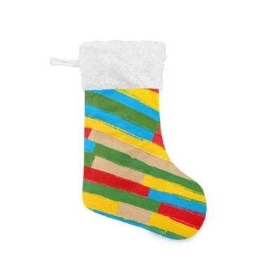 Imagem de Wassud Meia de Natal fofa com listras coloridas de punho branco 45,7 cm grande para decoração de lareira de lareira 1 pacote