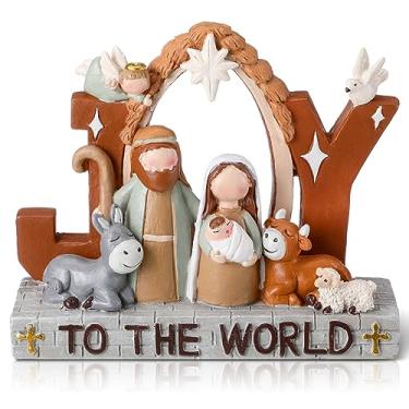 Imagem de Figuras de presépio de Natal, conjunto de creche de presépio da família sagrada com mensagens de Jesus Resina Presente de mesa religioso para cristão, decoração de mesa interna de Natal, 7 cm de altura (alegria)