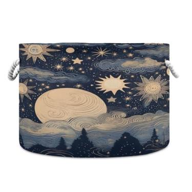Imagem de WELLDAY Cesta de corda de algodão para bebês com estrelas e lua para sala de estar, lavanderia, berçário, travesseiros, decoração de casa