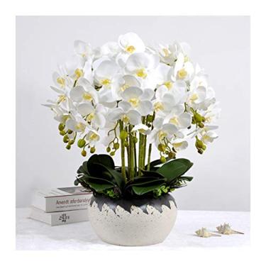 Imagem de LMJYU Presentes de flores artificiais Phalaenopsis orquídeas artificiais - 12 ramos grandes orquídeas Bonsai simulação Phalaenopsis com vaso de cerâmica Decoroutdoo