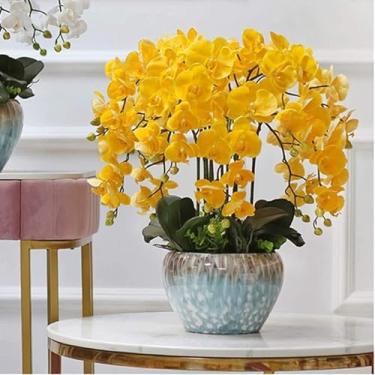 Imagem de LMJYU Orquídea artificial de poliuretano Phalaenopsis flores artificiais com vaso de cerâmica flores artificiais em vaso de 65 cm flores artificiais florais falsas