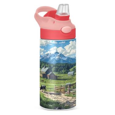 Imagem de xigua Garrafa de água infantil Farm Scene with Cows com canudo – Copo de aço inoxidável à prova de vazamento de 340 g para esportes, creche