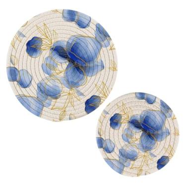 Imagem de Wassud Conjunto de trivet flores azuis abstratas para pratos quentes, suportes de panela redondos de algodão, almofadas quentes, porta-copos resistentes ao calor para decoração de cozinha, bancada, 2