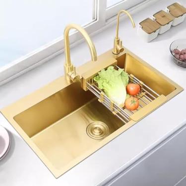 Imagem de PVXMQFFA Pia de cozinha de aço inoxidável para estação de trabalho dourada com torneira curva grande dourada de aço inoxidável engrossado bacia de bancada doméstica (cor: ouro, tamanho: 75 * 45 * 22