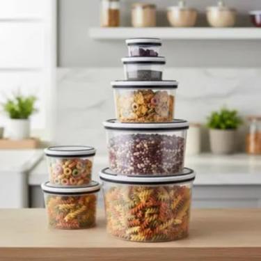 Imagem de Conjunto de 5 Potes Herméticos de Plástico Transparente com Tampa Preta, Empilháveis, Armazenamento de Alimentos, Capacidade Variada