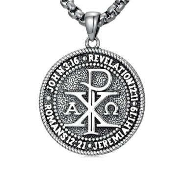 Imagem de Lattd Colar Chi Rho Prata Esterlina 925 Símbolo Alfa Omega Colar IXCI NIKA Pingente Nome Jesus Cristo Joias Cristãs para Homens, com Corrente de Aço Inoxidável 55 cm + 5 cm