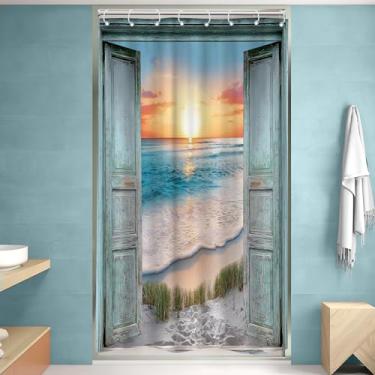 Imagem de Riyidecor Cortina de chuveiro pequena para decoração de banheiro 122 cm L x 192 cm A porta de celeiro azul-petróleo paisagem havaiana pôr do sol onda do mar arte de madeira rústica tecido impresso