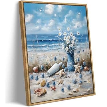 Imagem de Tela emoldurada azul oceano praia arte de parede costa concha estrela do mar pintura decoração fotos azul beira-mar branco margarida cartazes impressões para decoração moderna temática costeira