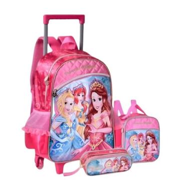 Imagem de Kit Mochila Rodinha Infantil Feminino Grande Princesas Menina C/Alça Lancheira Estojo Top