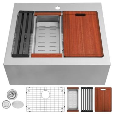 Imagem de YetCrest Pia de cozinha de fazenda de 71 x 55 cm, pia de cozinha de tigela única, avental de casa de fazenda, pia frontal, pias de estação de trabalho de aço inoxidável com acessórios