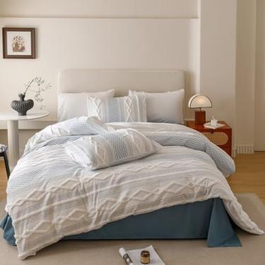 Imagem de Houseri Jogo de cama Queen com edredom azul tufado em jacquard chique e gasto