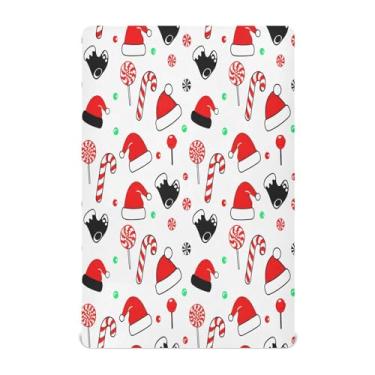 Imagem de Qilmy Lençóis de berço de Natal com chapéu de Papai Noel, macio, respirável e elástico, lençol com elástico para meninos e meninas, miniberço, 99 cm x 68,5 cm, capa de colchão infantil portátil