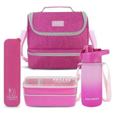 Imagem de Kit Bolsa Térmica Pote Marmita 750ml Garrafa 550ml E Porta Talheres Vibe Pink