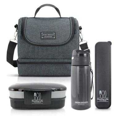 Imagem de Kit Fitness Bolsa Térmica C- 2 Compartimentos e Marmita 2 Andares Com Garrafa E Porta Talher Preta