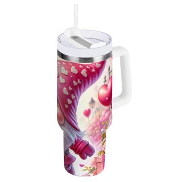 Imagem de Copo Love Gnome rosa com isolamento duplo com canudo e alça, copo isolado 850 g / 0,89 L