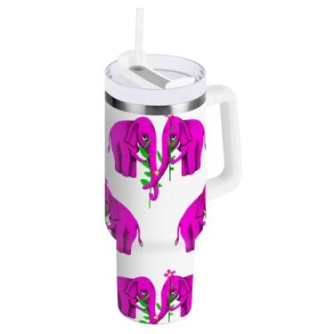 Imagem de ODAWA Copo isolado rosa Elefantes 1,134 g com alça e tampa de palha, copo com isolamento duplo com tampa 2 em 1