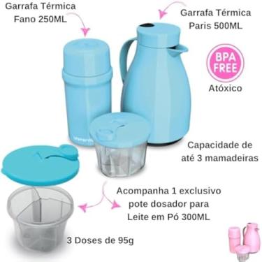 Imagem de Garrafa termica para bebe e pote com medidas claras, azul.