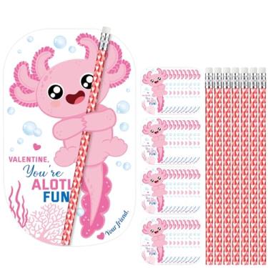 Imagem de Dunzoom 36 Sets Axolotl Valentine's Day Exchange Gifts for Kids Punny Axolotl Valentine Cards Valentine's Day Pencils Hugger Heart Pencils with Erasers for School Prize Classroom Gifts Party Favors