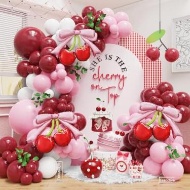 Imagem de Kit de arco de guirlanda de balão de cereja, balões brancos rosa bordô com laço rosa balões vermelhos de folha de cereja para meninas aniversário ela é a cereja no topo decoração de chá de bebê