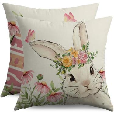Imagem de Conjunto de 2 capas de almofada de primavera de Páscoa, 56 x 55 cm, coelho coelho, rosa, amarelo, ovo de Páscoa, floral, borboleta, férias, decorativas, sazonais, ambientes externos, fazenda, capas de
