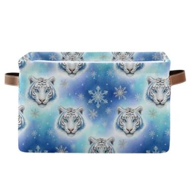 Imagem de Cestas de prateleira de 36 cm com alças – caixas de armazenamento decorativas de lona retangular para escritório em casa, quarto, branco, tigre, floco de neve, azul, 1 pacote