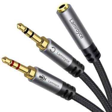 Imagem de Divisor de fone de ouvido para computador, TRRS fêmea de 3,5 mm para 2 conectores de áudio macho TRS macho TRS de 3,5 mm, cabo divisor Y de 1/20.3 cm 2 em 1 com conector estéreo duplo, fone de ouvido