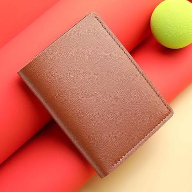 Imagem de Carteira feminina de couro genuíno com dobra dupla/tripla - Suporte minimalista para cartão de crédito com bloqueio de RFID e bolso para moedas, Marrom, Casual