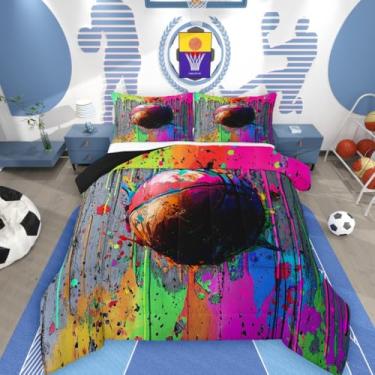 Imagem de jejeloiu Conjunto de cama de basquete macio para meninos e meninas, conjunto de edredom de tamanho casal, com tema esportivo, edredom de microfibra, graffiti, estilo hip hop, decoração de quarto, 3