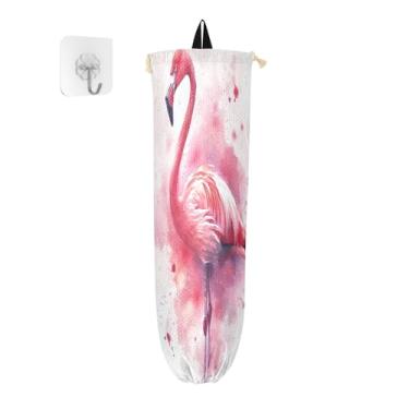 Imagem de Retrato em aquarela de porta-sacos de plástico flamingo, armazenamento de saco de compras de plástico, bolsa organizadora de parede, 1 pacote