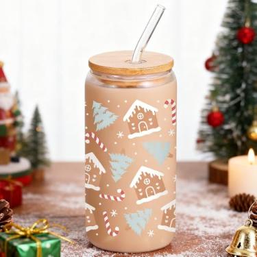 Imagem de Lamyba Meias de Natal para meninas adolescentes, presentes de Natal para mulheres - 473 ml bonito copo de árvore de Natal/casa de gengibre, copos de vidro de Natal com tampa e canudo, lata de bebida