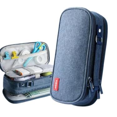 Imagem de Estojo Escolar Organizador Infantil 2 Divisórias Internas Zíper Interno Organizadora Lapis e Canetinhas Necessaire Viagem Feminino Masculino (AZUL)