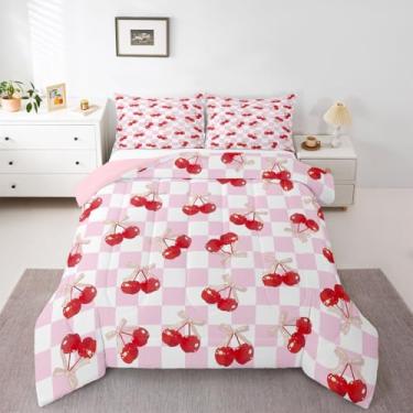 Imagem de Feelyou Conjunto de cama macio com estampa de cereja para meninos e meninas, edredom com laço fofo, xadrez, xadrez, microfibra, geométrico, decoração de quarto, 2 peças com 1 fronha