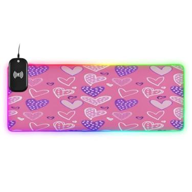 Imagem de CEBUGI Mouse pad de carregamento sem fio Hearts 15 W rápido para jogos com iluminação LED 14 RGB para jogos, PC, laptop, mesa 89,9 x 39,9 cm