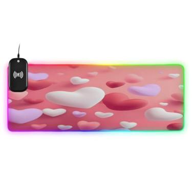Imagem de CEBUGI Mouse pad de carregamento sem fio com corações de dia dos namorados 15W rápido para jogos com 14 iluminação LED RGB para jogos, PC, laptop, mesa de 80 x 30 cm
