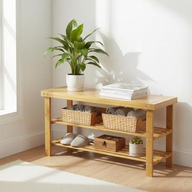 Imagem de Sintuff Sapateira de 86 cm, banco de entrada de bambu de 3 níveis com prateleira de armazenamento, organizador de sapatos, assento de madeira natural para entrada, sala de estar, sala de jantar